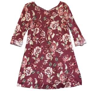 Emelia Womens Size Medium Short Dress Button Tab Sleeves Floral Burgundy